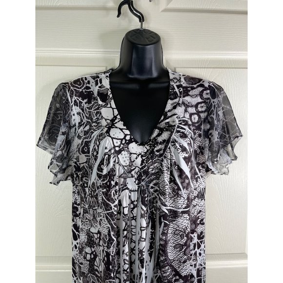 Style & Co Blouse Women Size XL Short Sleeve Black White Geometric Stretch Studs - Picture 3 of 11